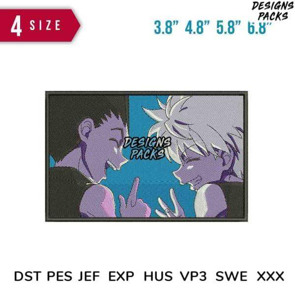 Anime-style embroidery design with two characters, available in PES, DST, EXP formats, 4 sizes