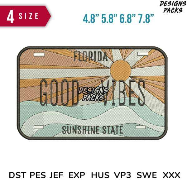 Florida 'Good Vibes' embroidery design with sunburst, waves, and 'Sunshine State' text, available in 4 sizes and multiple formats