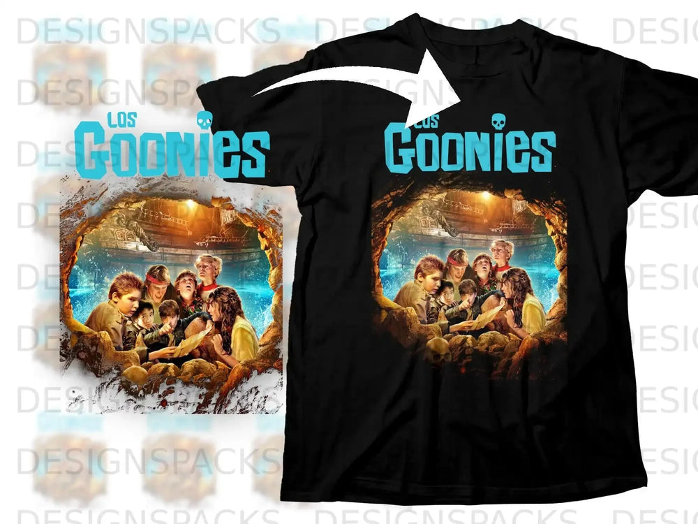 Black t-shirt with Goonies movie poster graphic and title.
