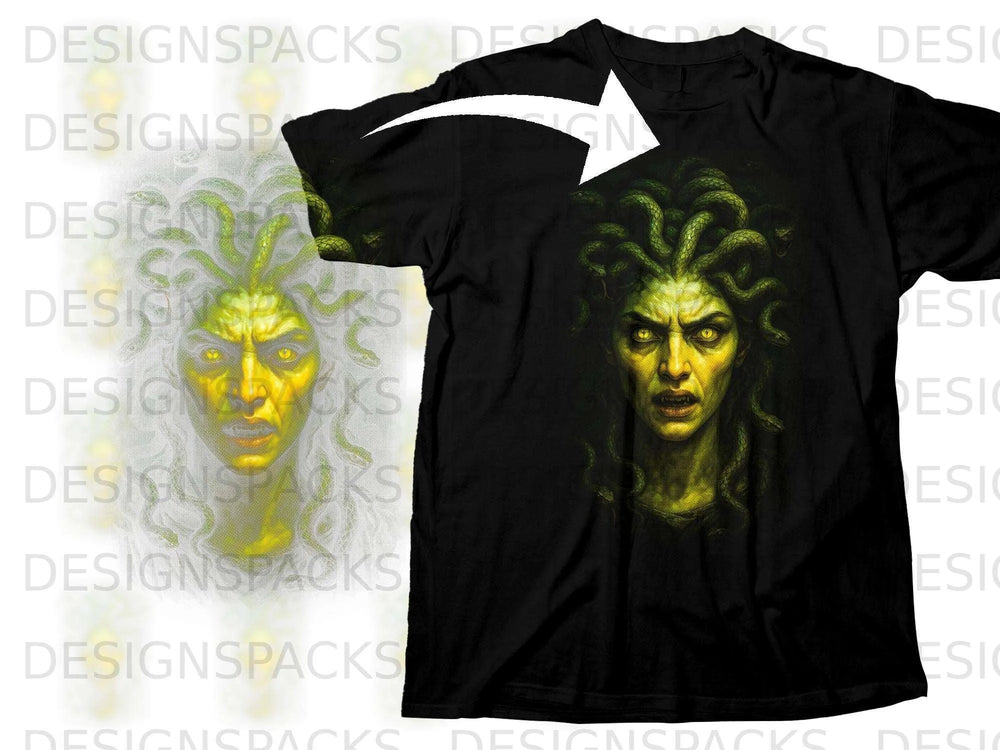 Black t-shirt featuring a detailed illustration of Medusa with snakes for hair.