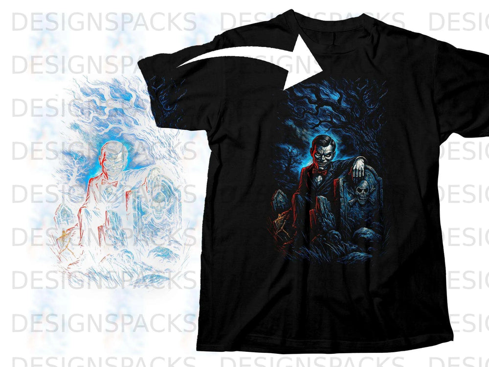 Black t-shirt with a gothic graveyard design featuring a menacing figure and skulls.