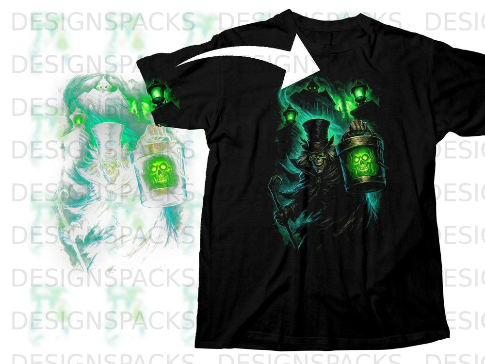 Black t-shirt featuring a spooky figure with a top hat holding a glowing lantern.