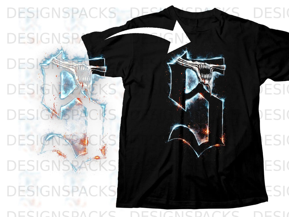 Black t-shirt with a stylized white and blue glowing symbol with fiery accents.