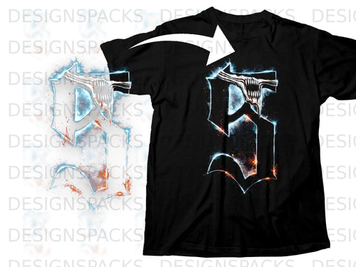 Black t-shirt with a stylized white and blue glowing symbol with fiery accents.