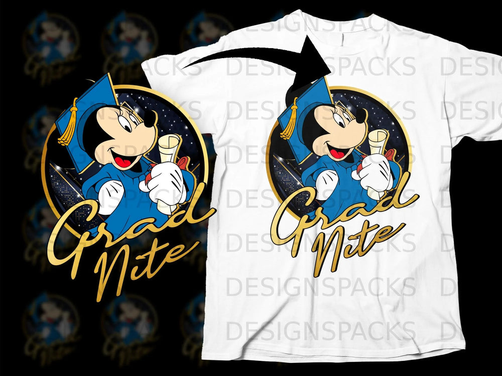 Minnie Mouse in graduation cap and gown holding diploma, with "Grad Nite" text.