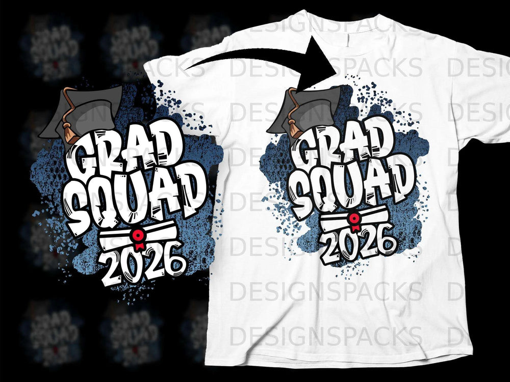 Grad Squad 2026 graduation design with mortarboard and diploma graphic.