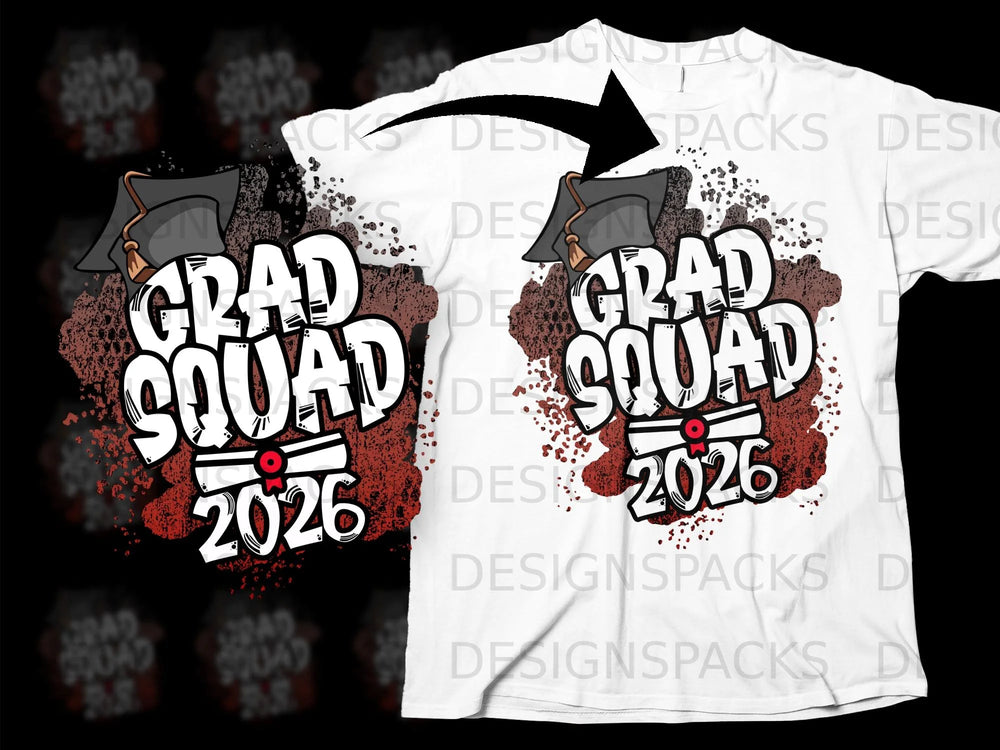 "Grad Squad 2026" text with graduation caps on a white t-shirt.