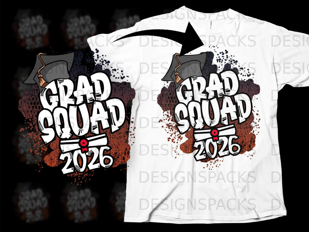Grad Squad 2026 graphic with graduation cap and diploma on a white t-shirt.