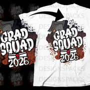 Grad Squad 2026 graphic with graduation cap and diploma on a white t-shirt.