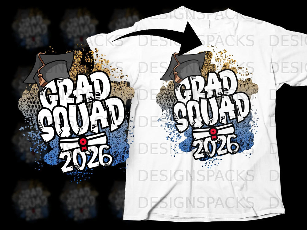 White t-shirt with "Grad Squad 2026" graffiti-style graphic and graduation cap.