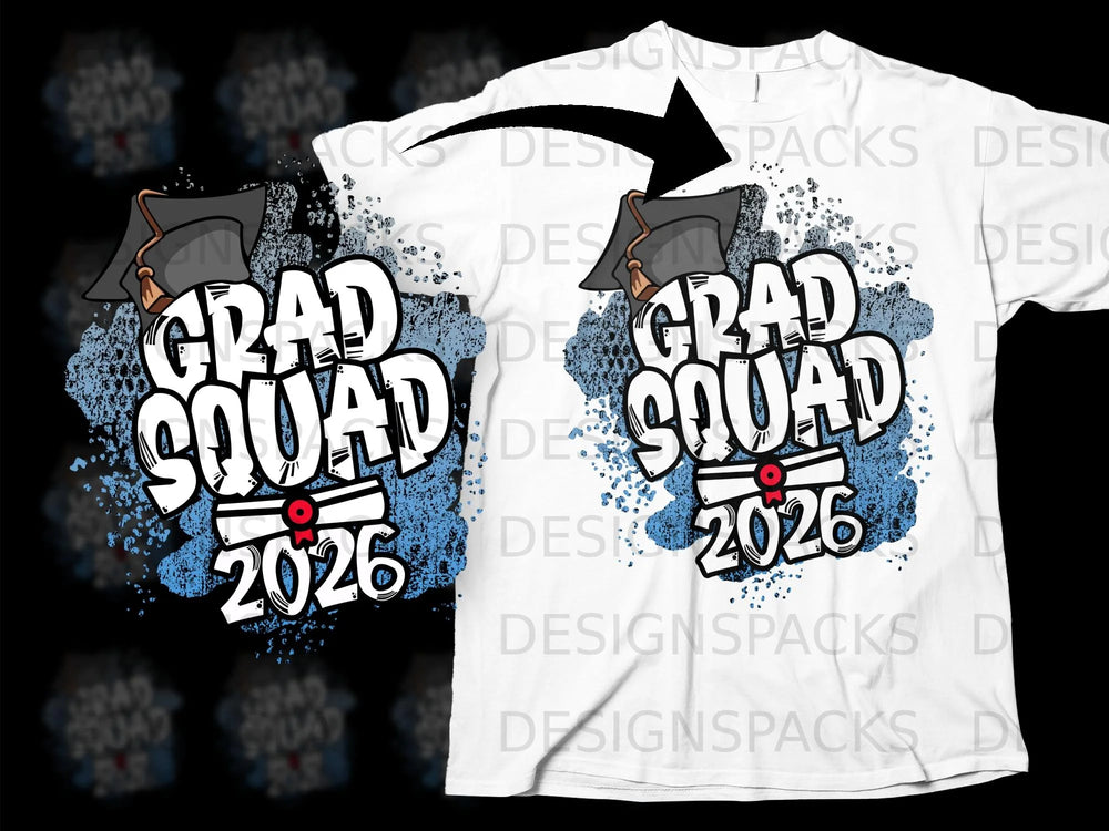Graduation design with "Grad Squad 2026" text and graduation cap graphic.