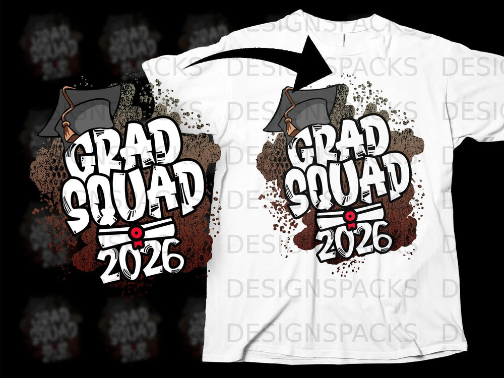 Grad Squad 2026 text with graduation cap on white t-shirt.