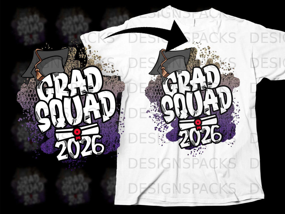 Grad Squad 2026 graphic with graduation cap and scroll on a white t-shirt.