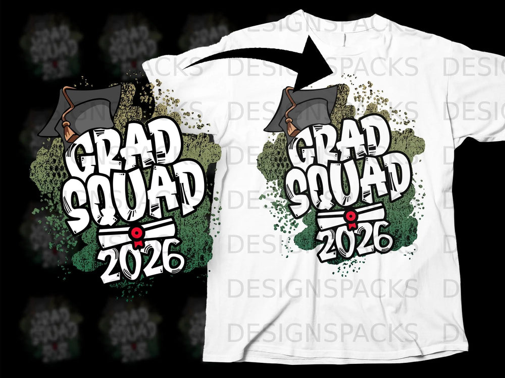 Grad Squad 2026 text with graduation cap and diploma graphics.