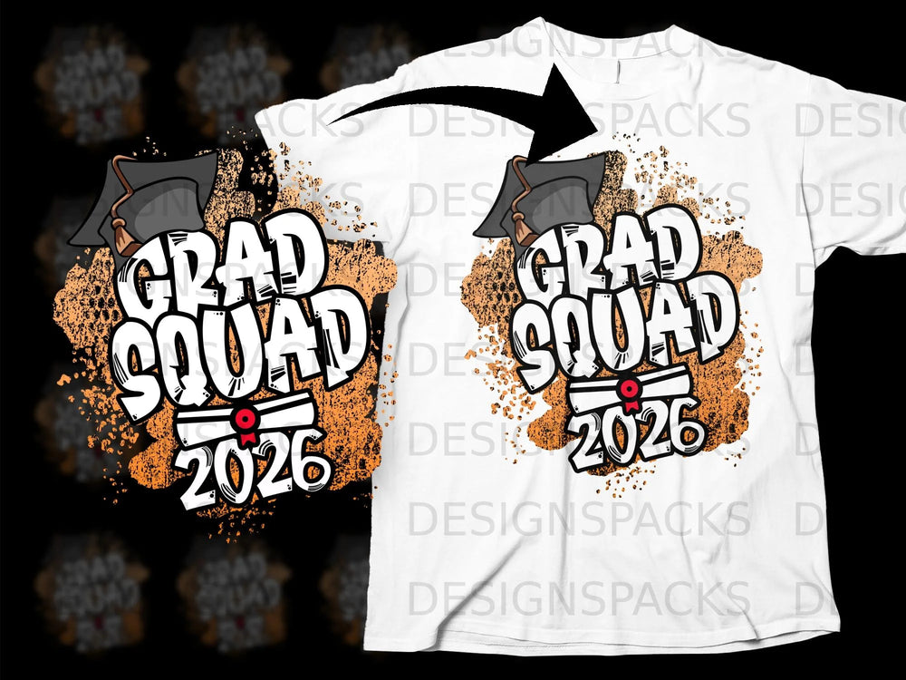 Grad Squad 2026 graphic with graduation cap and diploma on a t-shirt.