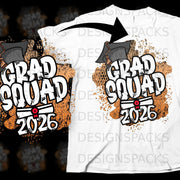 Grad Squad 2026 graphic with graduation cap and diploma on a t-shirt.