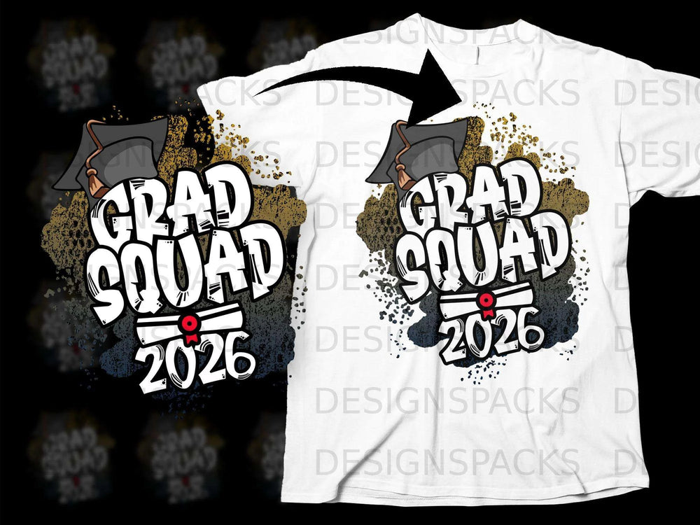 Grad Squad 2026 graphic with graduation cap on a white t-shirt.
