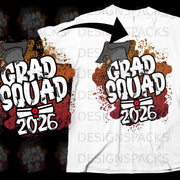 White t-shirt graphic featuring "GRAD SQUAD 2026" text with graduation cap.