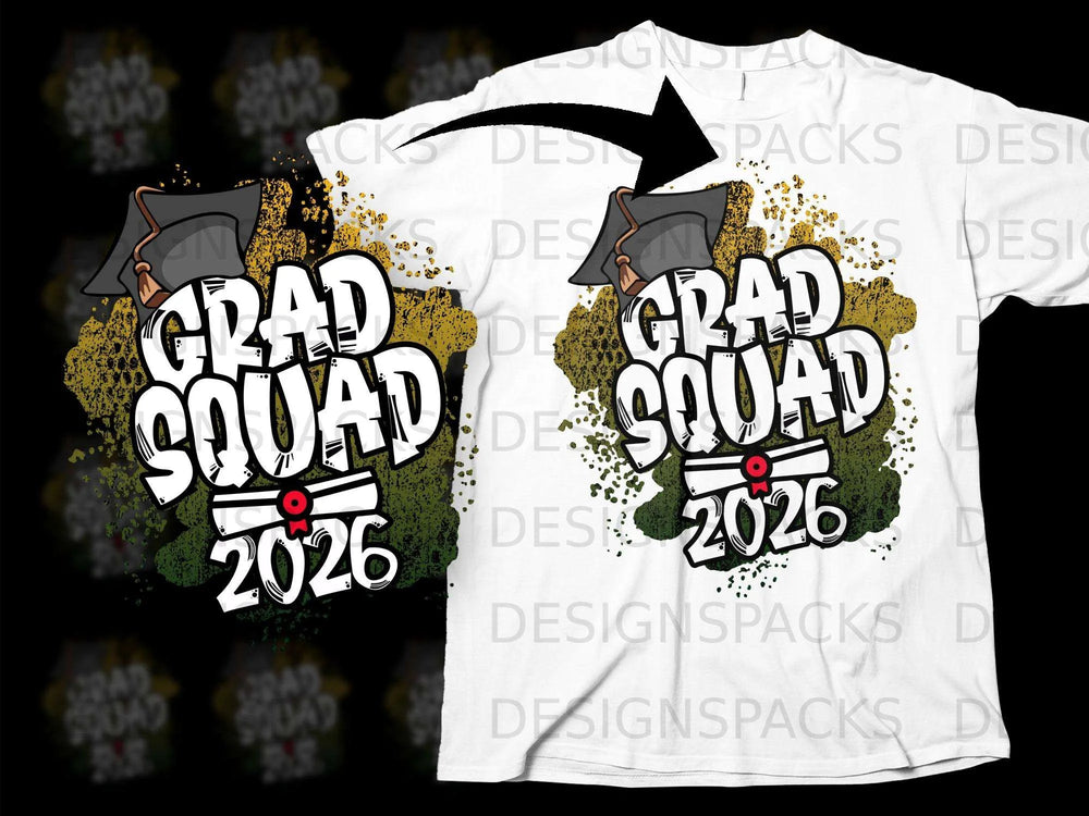 Graduation graphic with "Grad Squad 2026" text, cap, and diploma.