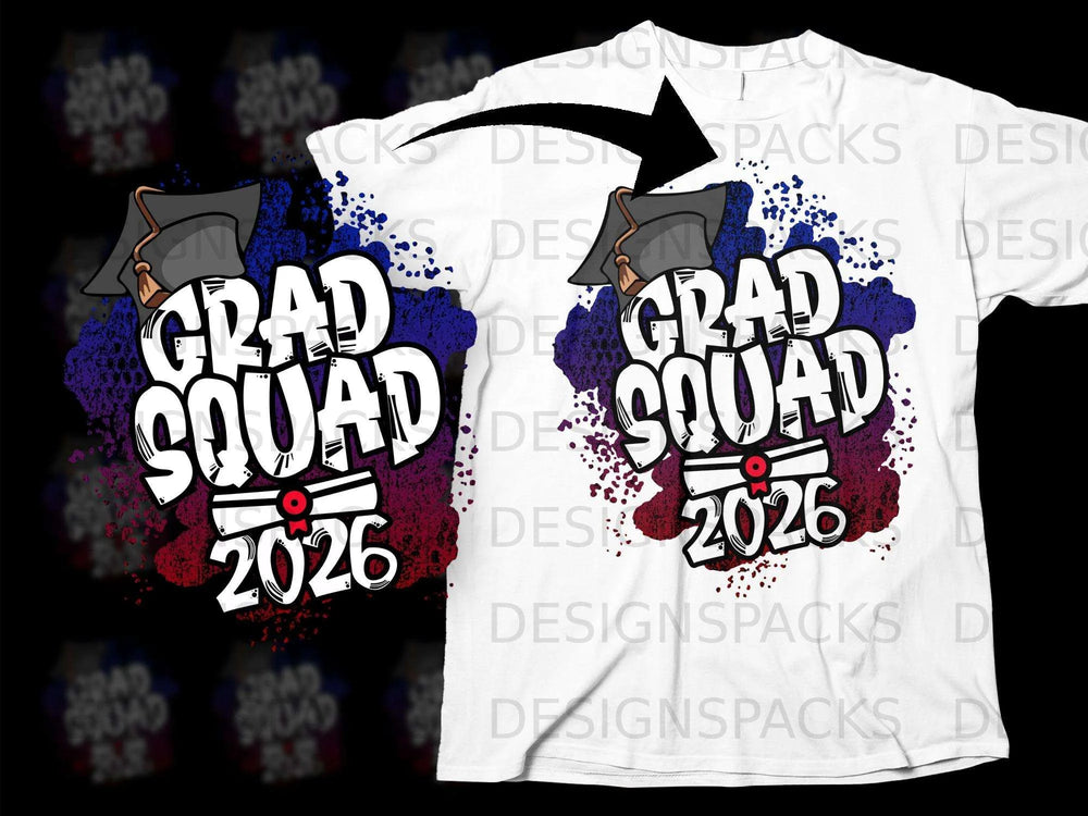 White t-shirt with "GRAD SQUAD 2026" text, graduation cap, and diploma graphic.