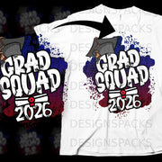 White t-shirt with "GRAD SQUAD 2026" text, graduation cap, and diploma graphic.