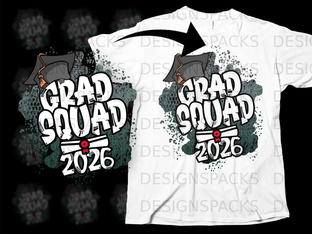 White t-shirt design with "Grad Squad 2026" text and graduation cap.