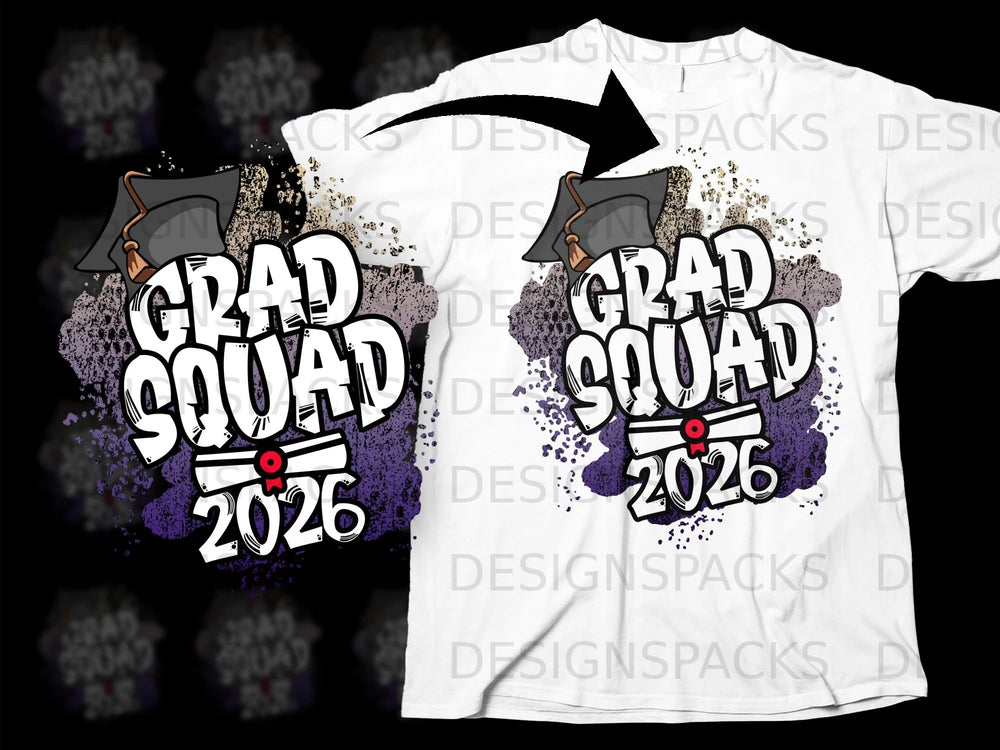 Grad Squad 2026 design with graduation cap and diploma on a white t-shirt.