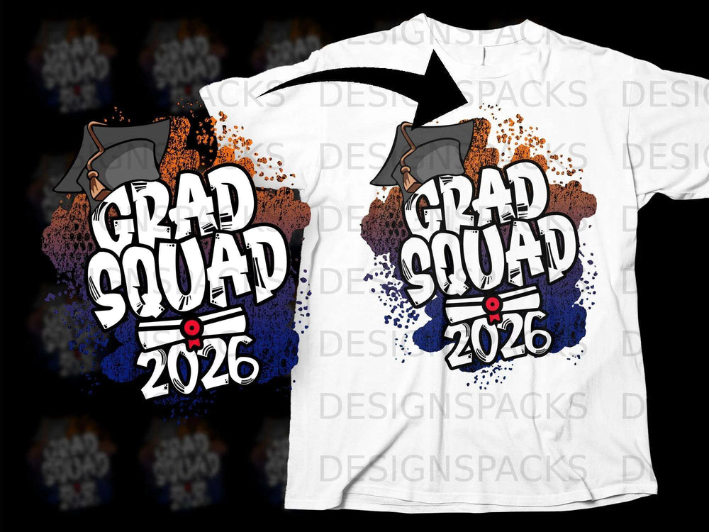 "Grad Squad 2026" graphic with graduation cap and diploma on a white t-shirt.