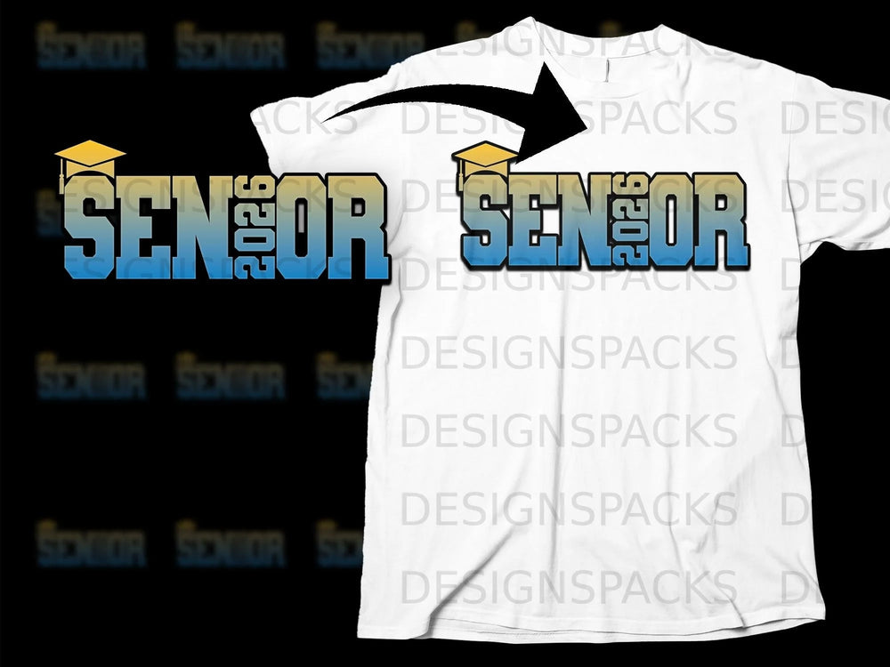 White t-shirt with a "SENIOR 2026" graphic and graduation cap design.