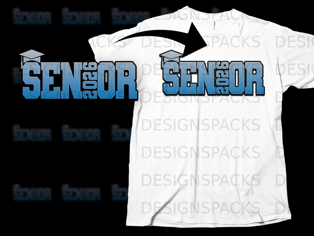 White t-shirt with a blue gradient "SENIOR 2026" graphic on the chest.