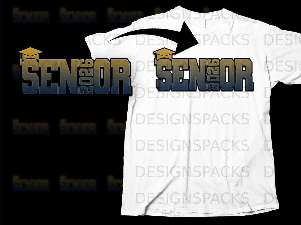 Senior 2026 graphic with graduation cap on white t-shirt.
