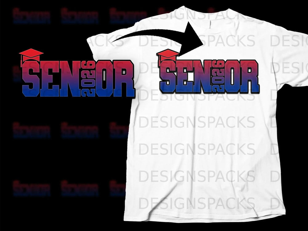 White t-shirt with a "Senior 2026" graphic in red and blue gradient.