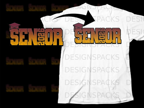 Senior 2026 design with a graduation cap on a white t-shirt mock-up.
