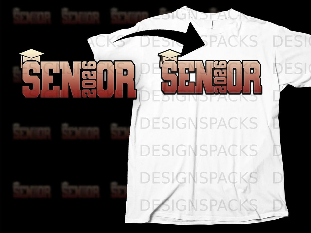 "Senior 2026" text with graduation cap on a white t-shirt.