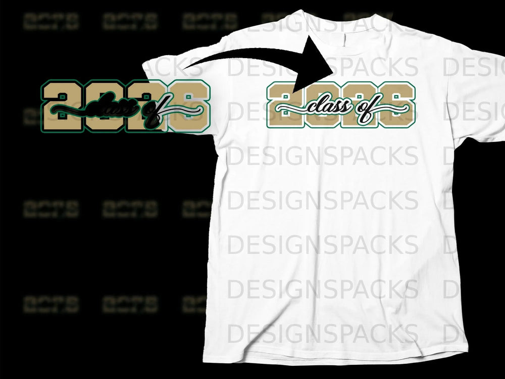 Gold and green "Class of 2023" graphic on a white t-shirt.