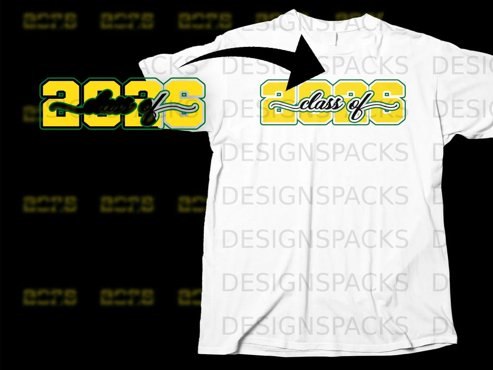 White t-shirt with yellow and green "2023 class of" graphic.