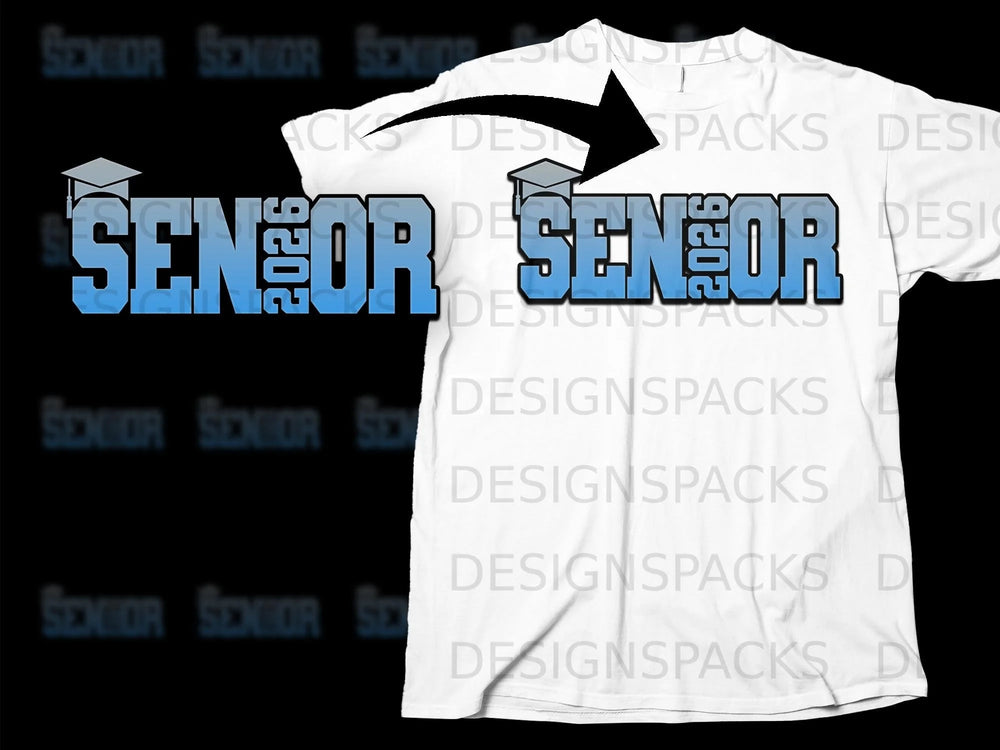 White t-shirt with "SENIOR 2026" in distressed blue font.