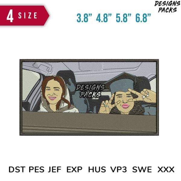Embroidery design of two women in a car, available in multiple sizes and formats
