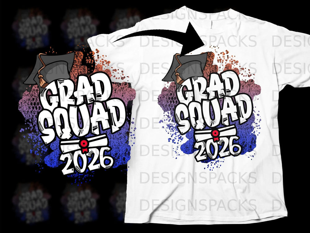 White t-shirt with "GRAD SQUAD 2026" graphic and graduation cap.