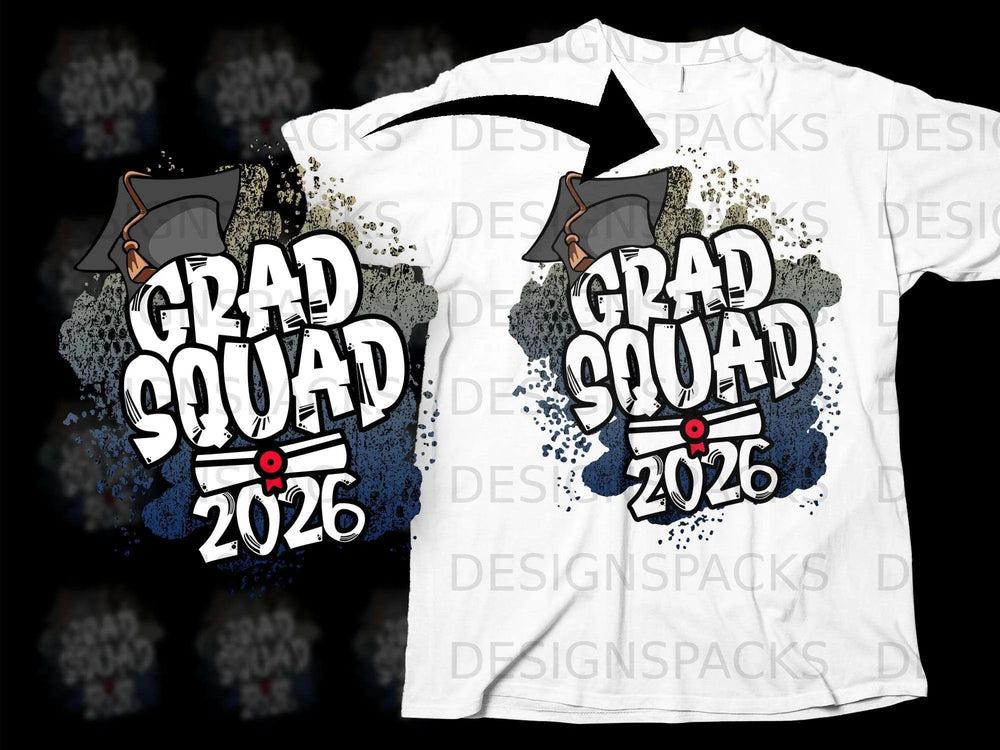 Grad Squad 2026 graphic with graduation cap and diploma on a white t-shirt.