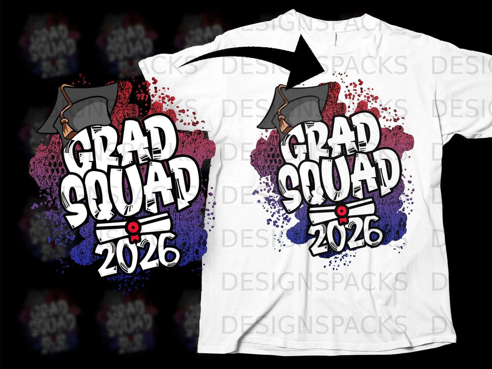 "Grad Squad 2026" text with graduation cap and diploma on a ripped paint background.