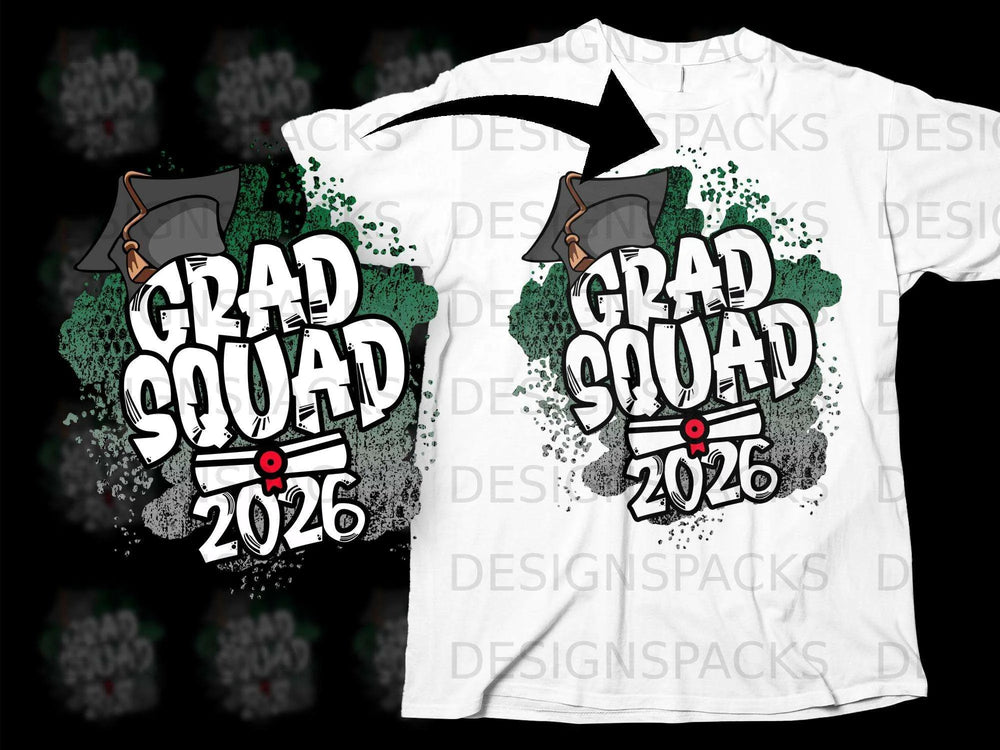 White t-shirt graphic with "Grad Squad 2026" in bold white lettering.
