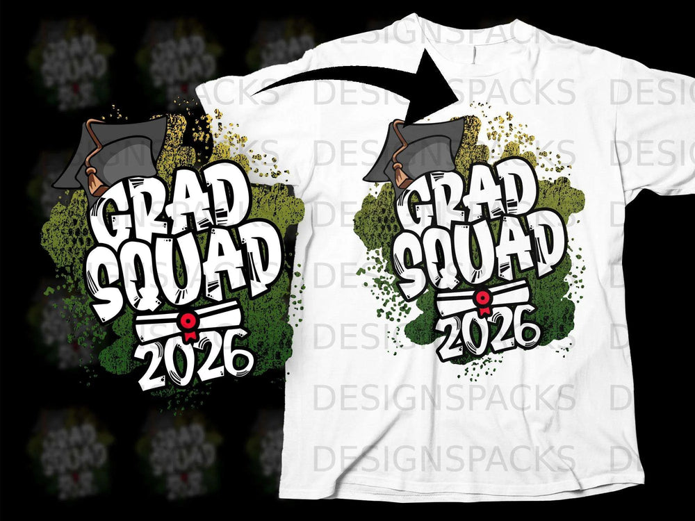 Grad Squad 2026 graphic with graduation cap and diploma on white t-shirt.