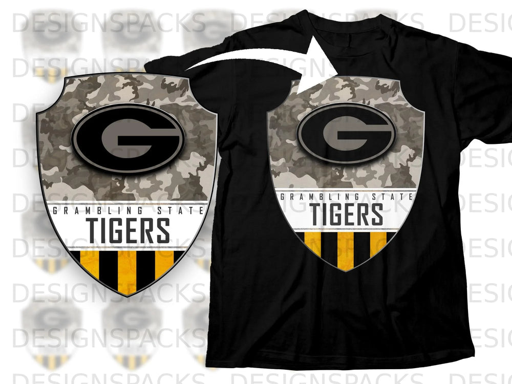 Black t-shirt featuring a shield logo with a camouflage background, 'G', and 'Grambling State Tigers'.