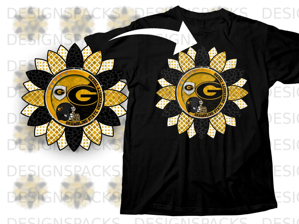 Black t-shirt with a sunflower design featuring Grambling State University Tigers logo and football helmet.