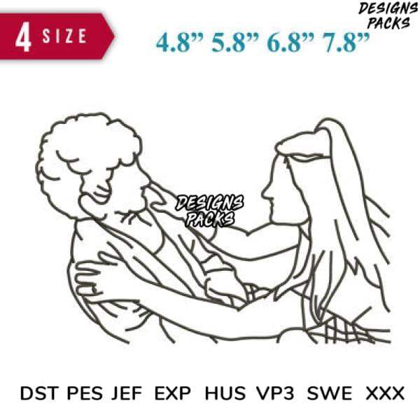 Romantic couple embrace line art design for embroidery and DTF/DTG printing, available in multiple sizes