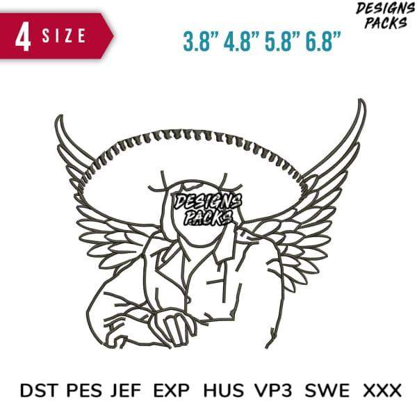 Winged cowboy hat design in 4 sizes, embroidery formats DST PES JEF EXP HUS VP3 SWE XXX