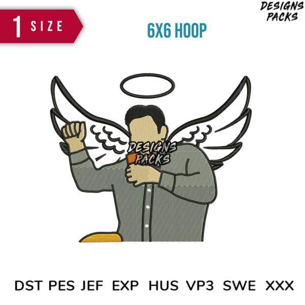 Angel with wings and halo embroidery design for 6x6 hoop, available in DST PES JEF formats