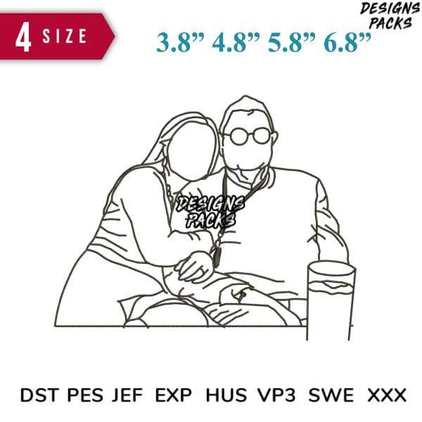 Couple line art design for embroidery, available in 4 sizes & multiple formats (DST, PES, JEF, EXP, HUS, VP3, SWE, XXX)