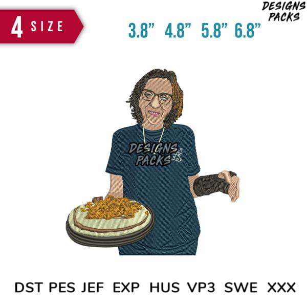 Embroidery design of person holding dessert, available in 4 sizes & formats like PES, DST for instant download
